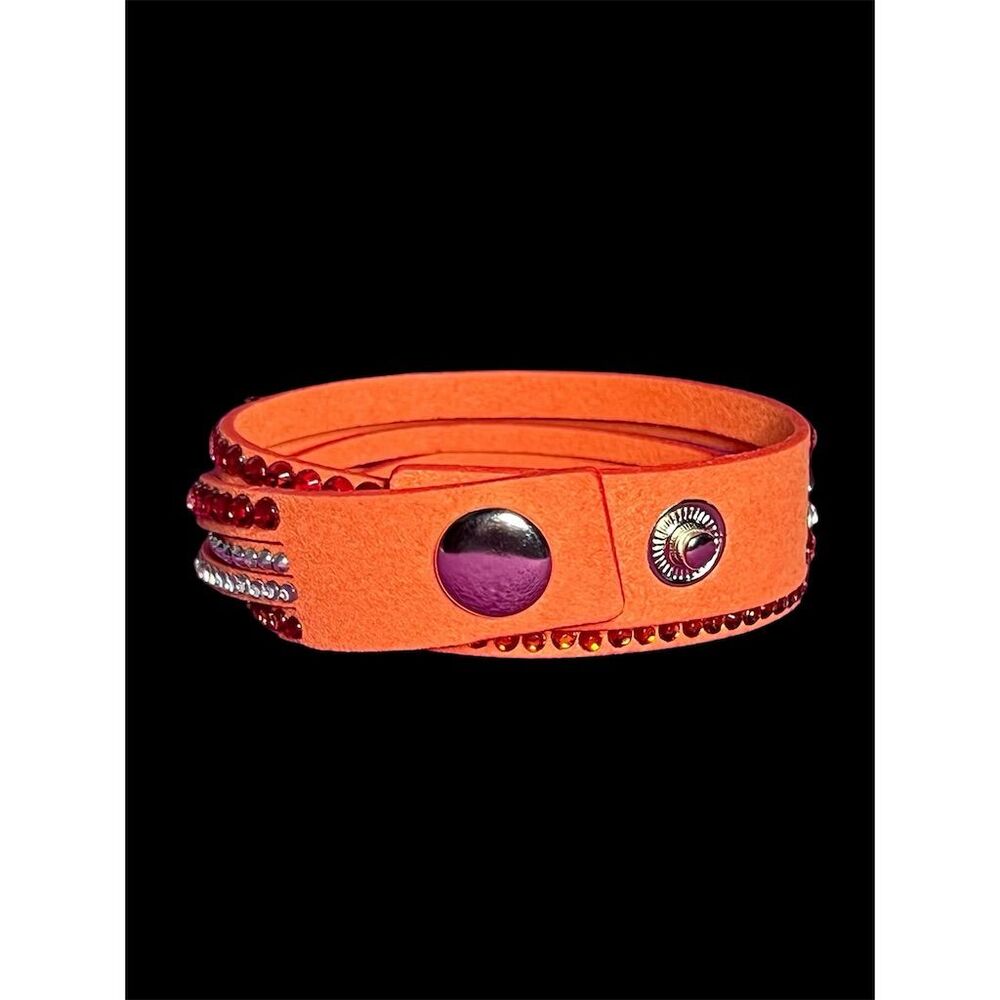 Women's Orange Leather Wrap Bracelet with Rhinestones Adjustable Snap Cl… - Picture 3 of 10